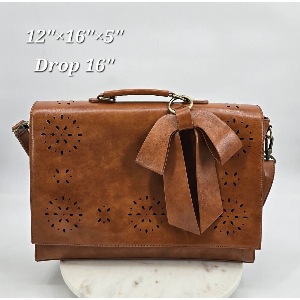 Ecosusi Laser-Cut Bow Satchel Crossbody Bag – Cognac Brown Faux‎ Leather